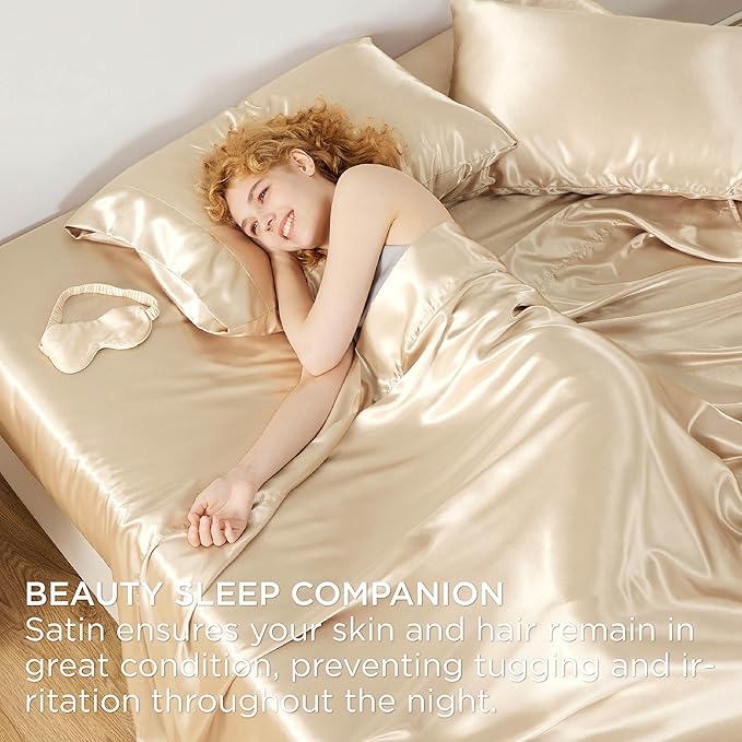 Bedsure Satin Sheets Full Size - 4 Piece Silky Bedsheets with 15 Inches Deep Pocket Fitted Bedsheet,1 Flat Sheet, 2 Satin Pillowcases, Good for Hair & Skin (Full, Champagne)