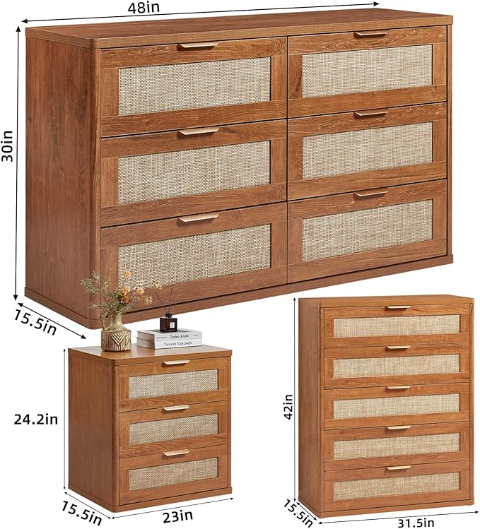 LEYAOYAO Rattan Dresser and Nightstand Sets 3, Boho Wood Dresser for Bedroom with 6 Drawers and Night Stand with 3 Drawer, Bedroom Furniture, Dressers & Chests of Drawers, Living Room, Hallway
