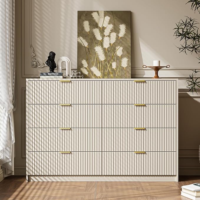 Beige Dresser for Bedroom, 8 Drawer Double Dresser, Modern Chest of Drawers for Bedroom, Living Room, Entryway and Closet, 55" L x 15.7" D x 37.4" H