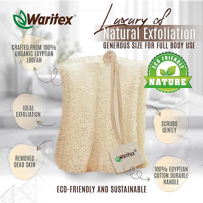 Waritex Premium Natural Egyptian Loofah Sponges, Made from 100% Natural Organic Material, Gentle Skin Exfoliation, and Full-Body Spa Experience – Eco-Friendly Loofah 3 Count (1 Pack)
