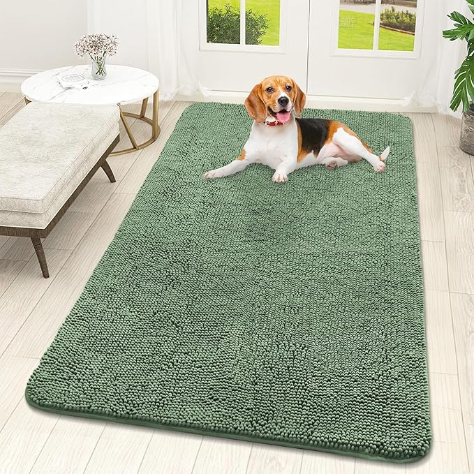 OLANLY Dog Door Mat for Muddy Paws 59x32, Absorbs Moisture and Dirt, Absorbent Non-Slip Washable Doormat, Quick Dry Chenille Mud Mat, Entry Indoor Entryway Carpet for Inside Floor, Olive Green