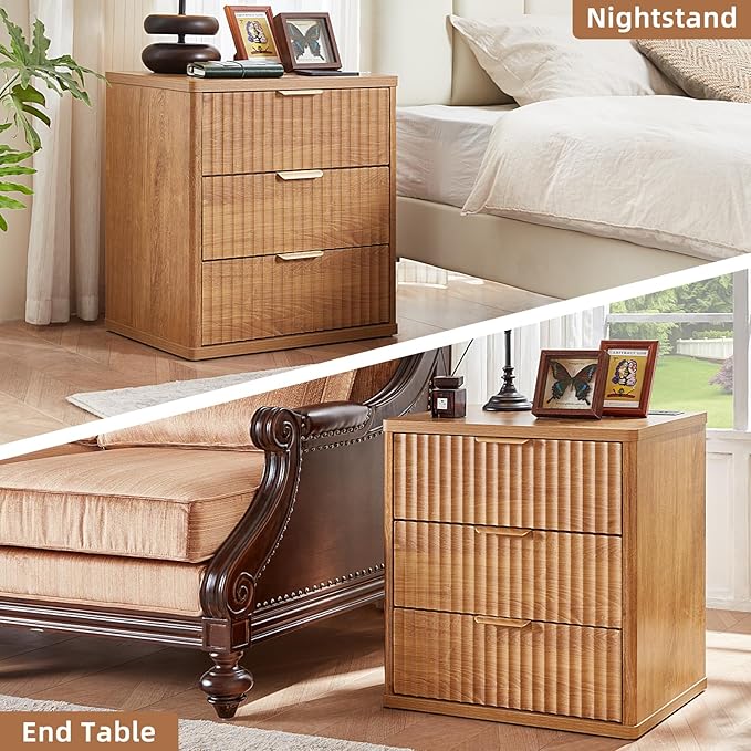 LEYAOYAO Fluted Dresser and Nightstand Sets, Wood 48" Wide Dresser & 23" Night Stand with Charging Station, 2 Piece Bedroom Furniture Set, Chest of Drawers for Bedroom, Home, Living Room, Brown