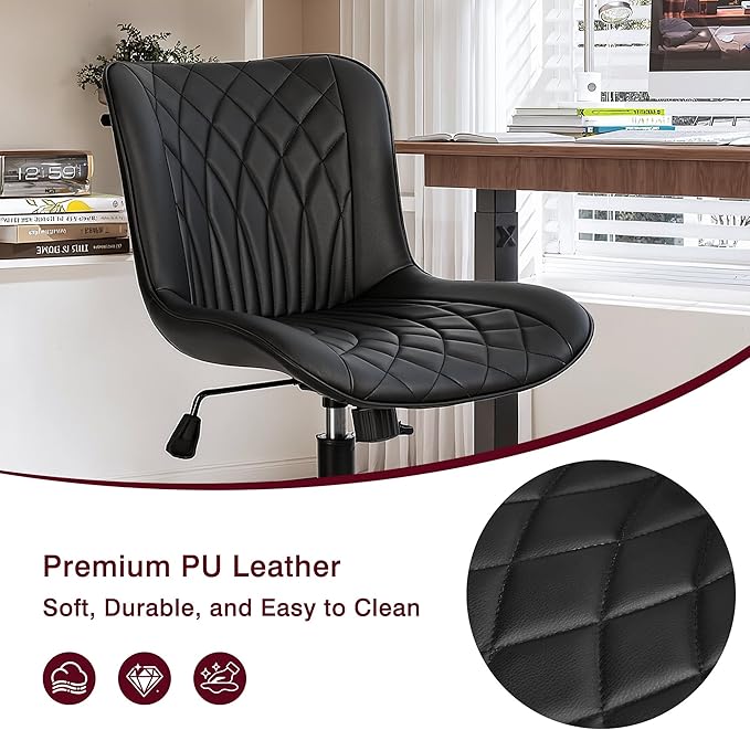 VECELO Mid-Back Desk Chair with Adjustable Height, PU Leather Makeup Vanity Chair with Wheels, Armless Space-Saving Task Chair, for Home Office, Black