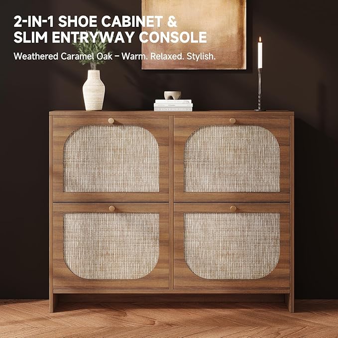 Nicetree Freestanding Ultra Slim Arched Rattan Accent Shoe Storage Cabinet for Entryway - 4 Flip Drawers & 3-Tier Adjustable Shelves, Farmhouse Modern Rustic Shoe Rack for Hallway, Foyer