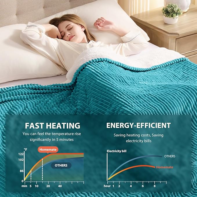 Homemate Electric Heated Blanket King Size - 100"x90" Heating Blanket King Size Dual Control 1/2/4/6/8 Hours Auto-Off 10 Heat Level Over-Heat Protection Soft Flannel Sherpa ETL Certification