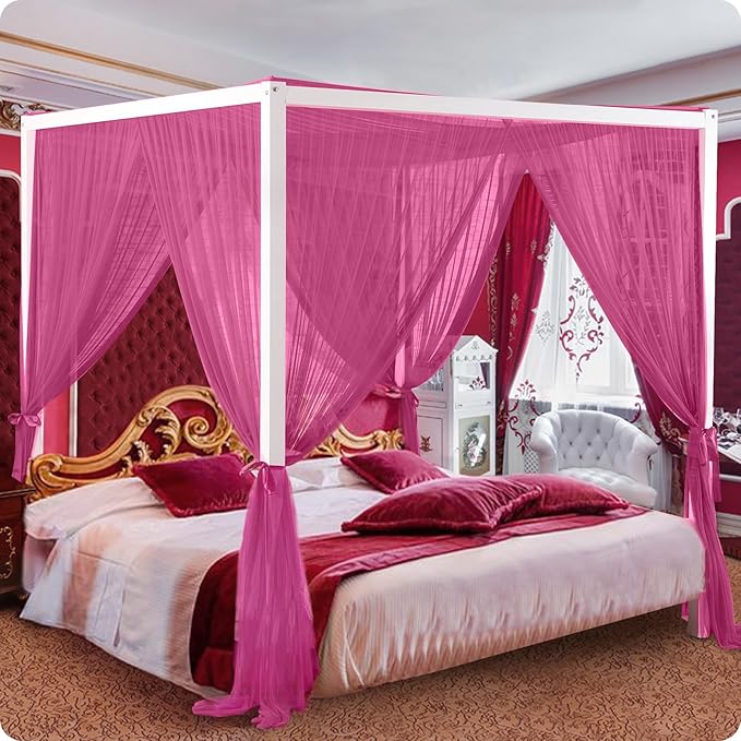 South to East Canopy Bed Curtains, 4 Corner Post Queen Bed Canopy for Girls, Wine Red Bed Drapes for Bedroom, King Canopy Bed Curtain, 100% Ripstop Polyester, Easy Installation, King/Queen Size Rose