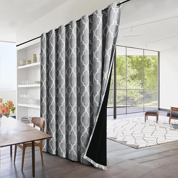 Beauoop 100% Blackout Curtains 96 Inches Long for Patio Sliding Door Grey Extra Wide Moroccan Geo Room Darkening Gray Thermal Soundproof Room Divider Grommet Window Treatment Drapes,100x96 Set of 1