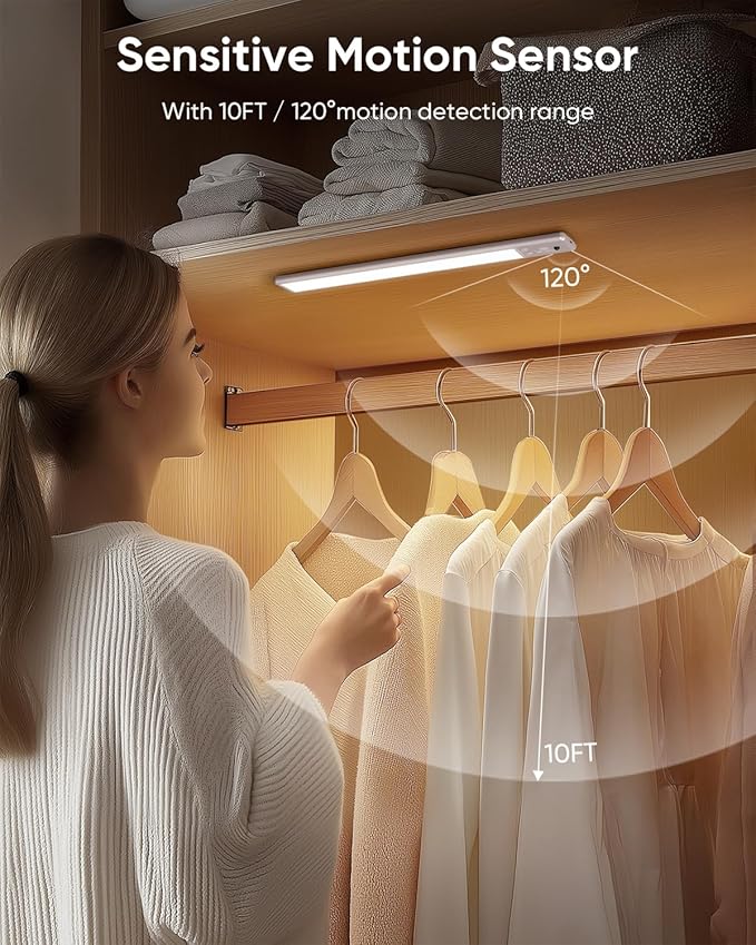 Under Cabinet Lighting Wireless, 2200mAh Rechargeable Battery Operated Motion Sensor Light Indoor, 3 Color Temps Under Counter Light, Dimmable Wireless Closet Lights w/Remote for Kitchen,Pantry,4 Pack