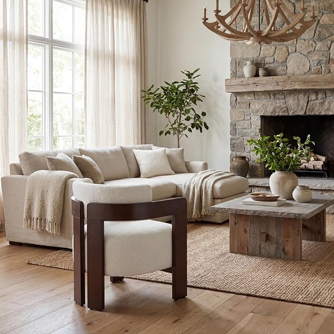 Beige Barrel Accent Chairs Set of 2, Cozy Upholstered Living Room Chair for Bedroom, Walnut Wood Frame, Vintage Modern Lounge Reading Chairs for Apartment Waiting Room Office,Beige
