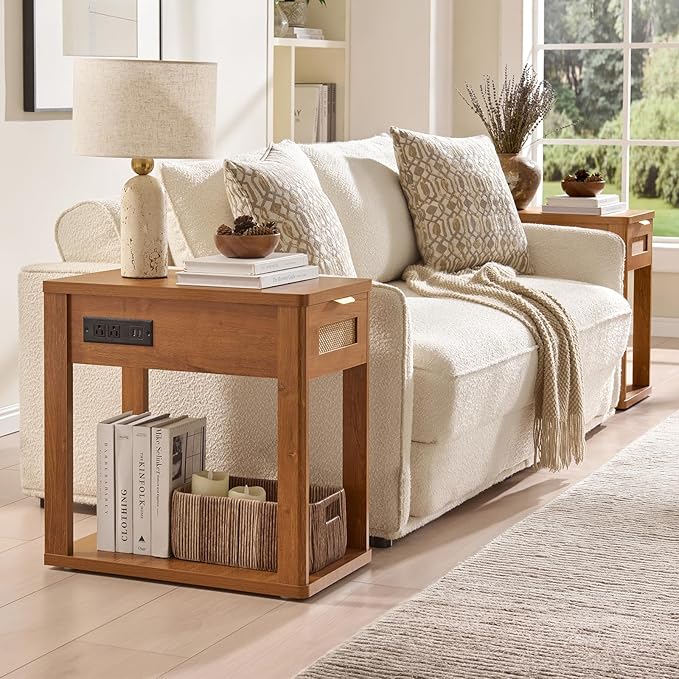 LEYAOYAO Narrow Side Table with Charging Station, 24x14''Rattan Night Stand with Drawer Storage, Brown Bedside End Table with Metel Handle for Small Spaces Wood Boho Nightstand for Living Room Bedroom