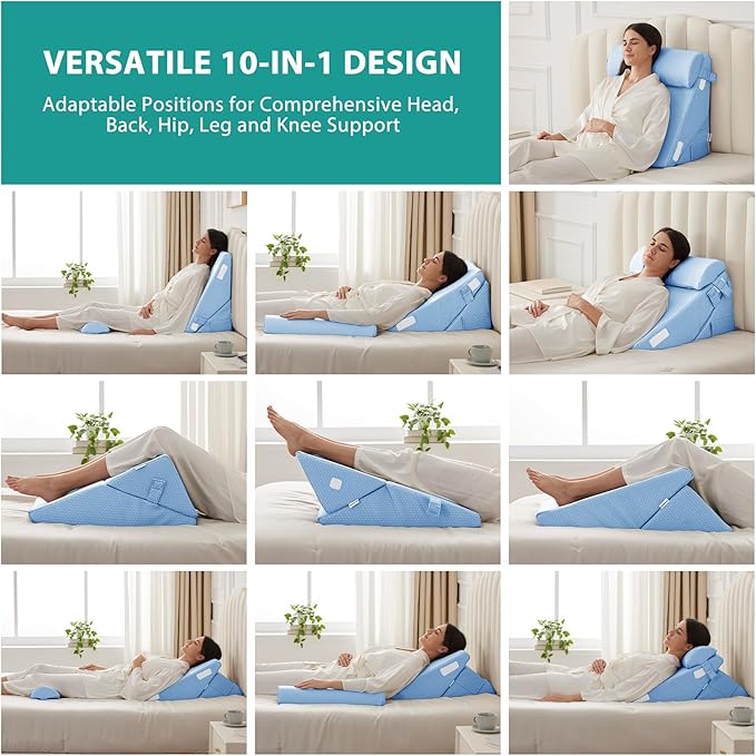 Bedluxe 3Pcs Orthopedic Bed Wedge Pillow Set, Foam Wedge Pillow Post Surgery for Back, Leg and Knee Support, Adjustable 9&12 Inch Folding Triangle Pillow for Sleeping, Acid Reflux, Snoring, Light Blue