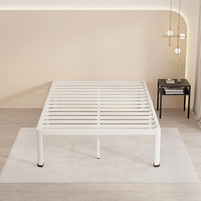 MAF 12 Inch Full Size Metal Platform Bed Frame White with Round Corner Legs, Mattress Slide Stopper, 3000 LBS Heavy Duty Steel Slats Support, Noise Free, No Box Spring Needed, Easy Assembly