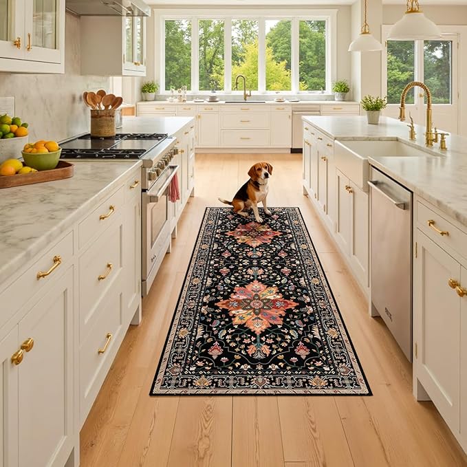 Area Rugs 2'x6' Washable Non-Slip, Floral Vintage Distress Print Pattern Medallion Carpet for Living Room Bedroom Dining Room, Black Colorful Floral Dark Tan