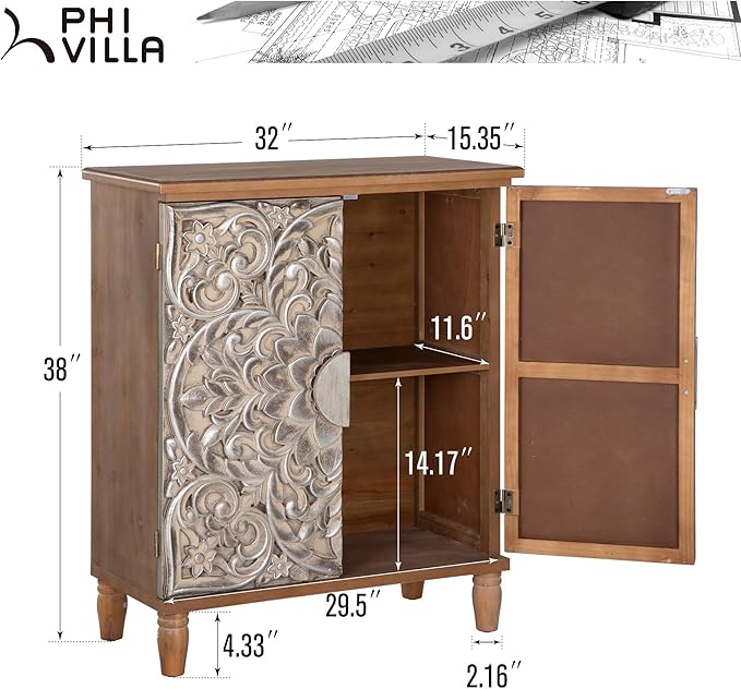 PHI VILLA Accent Cabinet with Doors - Antique Storage Cabinet for Entryway Buffet Sideboard