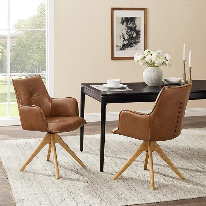 Art Leon Mid Century Swivel Chair - Genuine Leather Upholstered Desk Chair No Wheels, Accent Armchair with Oak Wood Legs for Small Space Living Room Bedroom, Set of 2, Brown