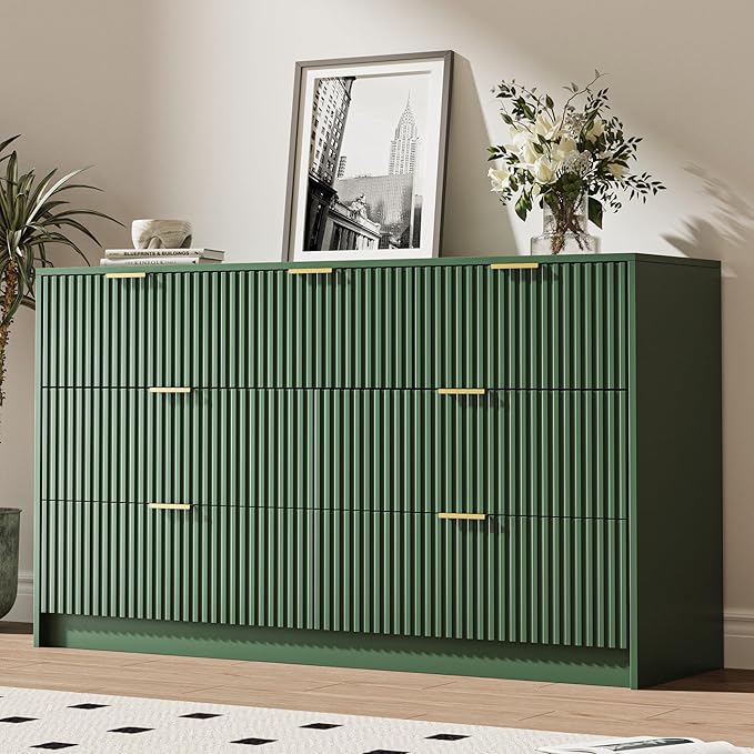 Green 7 Drawer Dresser for Bedroom, 55.9" Wide Modern Fluted Dresser with Gold Metal Handles, Wide Chest of Drawers for Bedroom, Living Room, Entryway, Hallway
