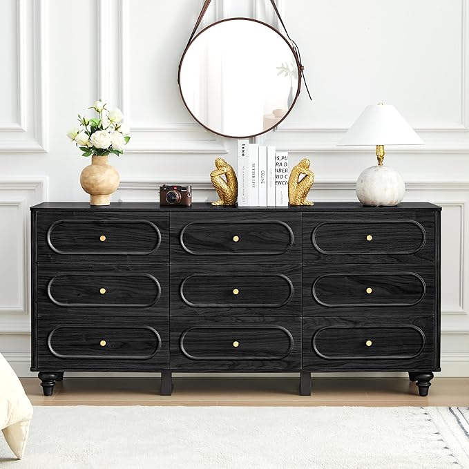 9 Drawer Fluted Dresser for Bedroom, Mid Century Modern Chest of Drawers, Wood Storage Small Dresser Organizer for Bedroom Living Room Hallway Closet, Black
