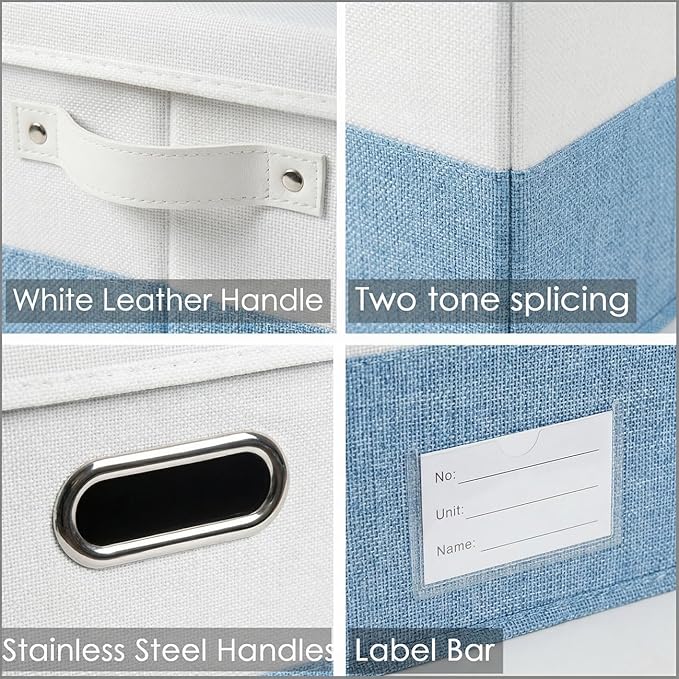 PRANDOM Collapsible Storage Bins with Lids [3-Pack] Linen Fabric Foldable Storage Boxes Organizer Containers Baskets Cubes with Cover for Bedroom Closet Nursery Blue&White (23.4X15.9X11.4)