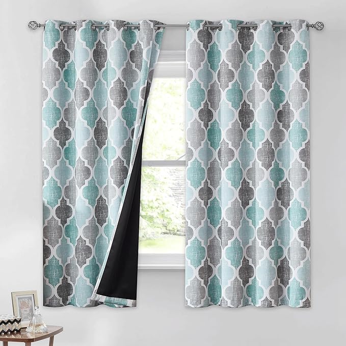 Beauoop 100% Blackout Curtains 45 Inches Long 2 Panels for Bedroom Living Room Aqua Grey Moroccan Geo Room Darkening Thermal Insulated Soundproof Grommet Top Window Treatments Drapes, 50x45 Set of 2