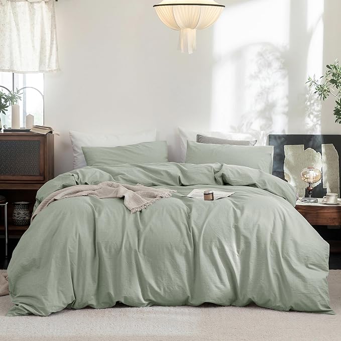 FOSSA Duvet Cover Set 100% Washed Cotton Linen Feel Super Soft Breathable Cozy Simple Style 3 Pieces Bedding Sets Solid Sage Green Oversized King Plus