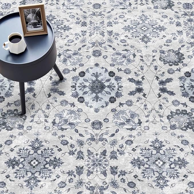 vivorug 6x9 Rug, Stain Resistant Washable Rug for Living Room, Floral Area Rug Vintage Inspired (Ivory/Blue, 6'x9')