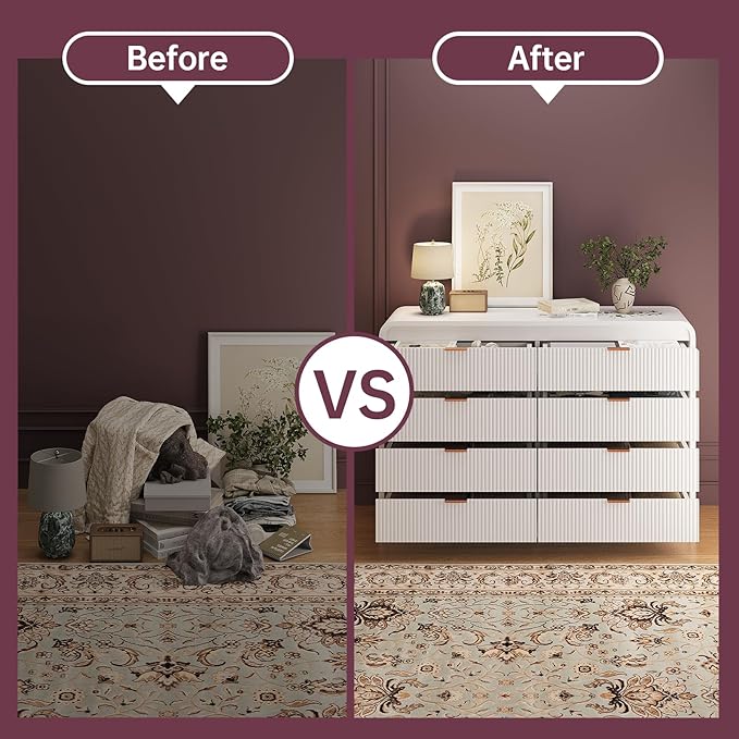 FURSUN Fluted 8 Drawers Dresser for Bedroom, 55" Wide Wooden Dresser with Metal Handle, Curved Profile Design, Modern Storage Organizer for Bedroom, Living Room, Hallway, White