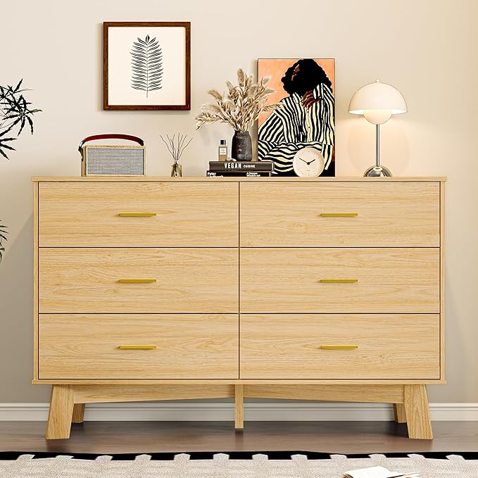 Dresser for Bedroom with 6-Drawer, 47.2" Modern Chest of Drawers with Metal Handles, X-Shape Base & Adjustable Center Leg, Anti-Tip Closet Organizers and Storage