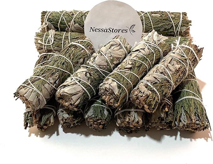 NessaStores 18 pcs California White Sage & Cedar Smudge Sticks, 4-Inch Hand Tied, All Natural, Ethically Sourced for Negative Energy Removal Home Cleansing, & Attracting Positivity JC-