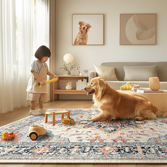 Area Rugs Square 4ft Washable Non-Slip, Floral Vintage Distress Print Pattern Medallion Carpet for Living Room Bedroom Dining Room, Beige Navy Blue Orange Colorful