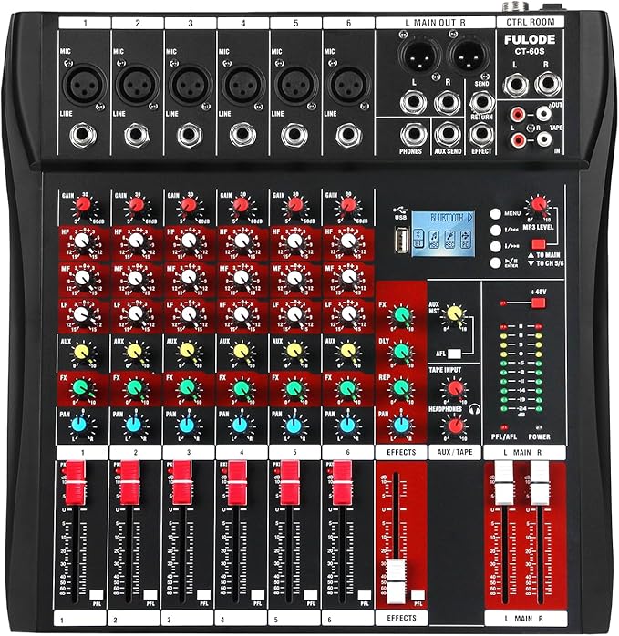 6 Channel Audio Mixer, Professional Music Mixer Board DJ Mixing Console with Bluetooth, USB/MP3 Player, Reverb, and 48V Phantom Power for Studio Recording, Karaoke, and Live Performances