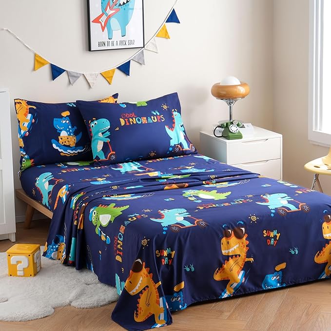 JSD Sports Dinosaur Kids Sheet Set Twin Size, 3 Piece Blue Printed Microfiber Sheets Deep Pocket