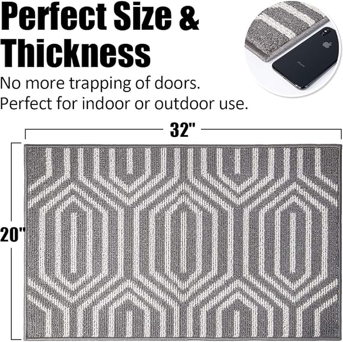 Indoor Doormat 20"x 32", Absorbent Front Back Door Mat, Rubber Backing Non Slip Floor Mats Inside Mud Dirt Trapper Outside Entrance Door Rug Carpet, Machine Washable Low Profile - Grey Time Cloister