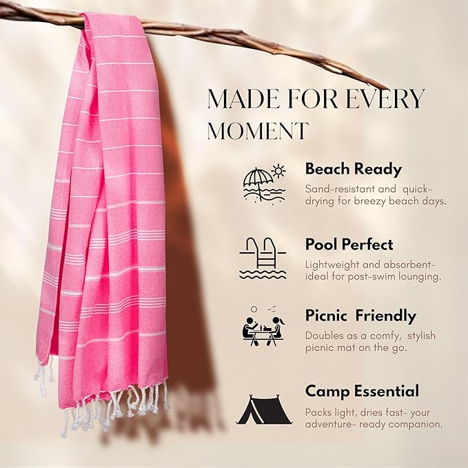 Native Fab Oversized Turkish Towels 4 Pack, Quick Dry, Lightweight, Durable, Absorbent, Sand Resistant, Multipurpose for Pool, Bath, Spa, Travel, Summer - Pink, Magenta, Indigo Blue, Grey