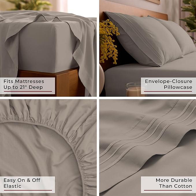 Mellanni Queen Sheet Set - 6-Piece Iconic Collection Bedding, (Including 4 Pillowcases), 21-Inch Extra Deep Pocket, Easy Care, Ultra Soft, Cooling Sheets, Brushed Microfiber - Tan
