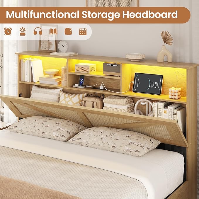 VIAGDO Rattan Bed Frame Queen Size with Bookcase Storage Headboard, Charging Station and LED Lights, Wooden Queen Bed Frame with 4 Drawers, Barn Door Design, No Box Spring Needed, No Noise, Natural