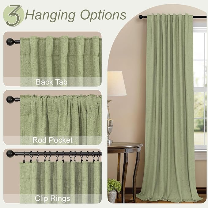Light Sage Green Short Blackout Curtains for Small Bathroom Window Kitchen Door Back Tab Pocket 45 Inch Length 2 Panel Linen Look Noise Reducing Dampening Vintage Moody Curtain for Room Divider Closet