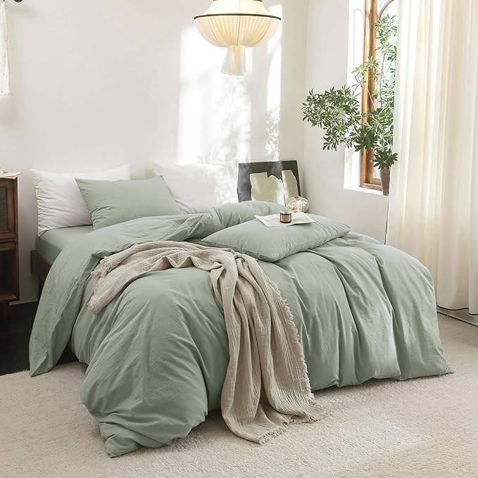 FOSSA Duvet Cover Set 100% Washed Cotton Linen Feel Super Soft Breathable Cozy 3 Pieces Bedding Sets Solid Sage Green California King