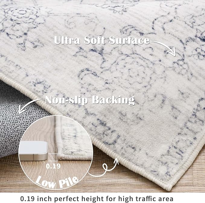 jinchan 8x10 Machine Washable Area Rugs for Living Room – Vintage Floral Soft Stain Resistant Low Pile Rug, Non Slip Ultra-Thin Carpet for Bedroom, Dining Room, Home Office, Nursery (8'x10', Ivory)