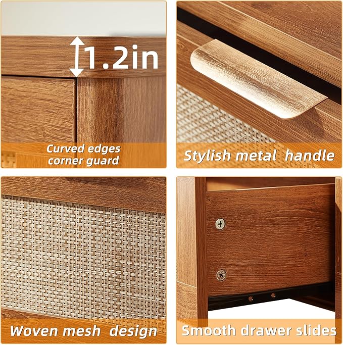 LEYAOYAO Narrow Side Table with Charging Station, 24x14''Rattan Night Stand with Drawer Storage, Brown Bedside End Table with Metel Handle for Small Spaces Wood Boho Nightstand for Living Room Bedroom