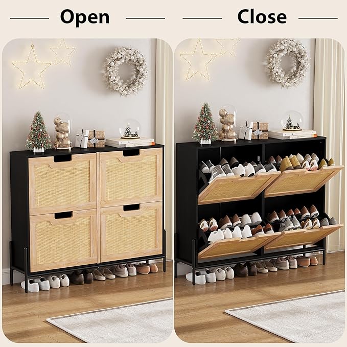 IDEALHOUSE Natural Rattan 4 Flip Door Shoe Cabinet Organizer Freestanding, Modern Shoe Rack Storage Organizer with 3-Tier Adjustable Shelves for Entryway, Closet, Hallway
