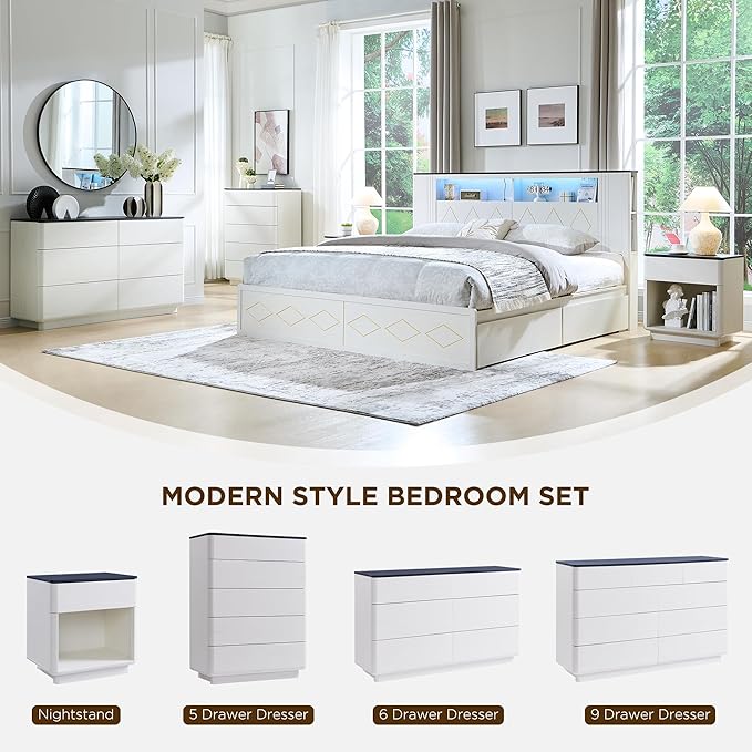 ACCOHOHO Modern 6 Drawer Dresser for Bedroom, 52" Wide Wooden Dressers with Large Storage,Handleless Chest of Drawers TV Stand for Living Room & Hallway, Curved Profile Design, White
