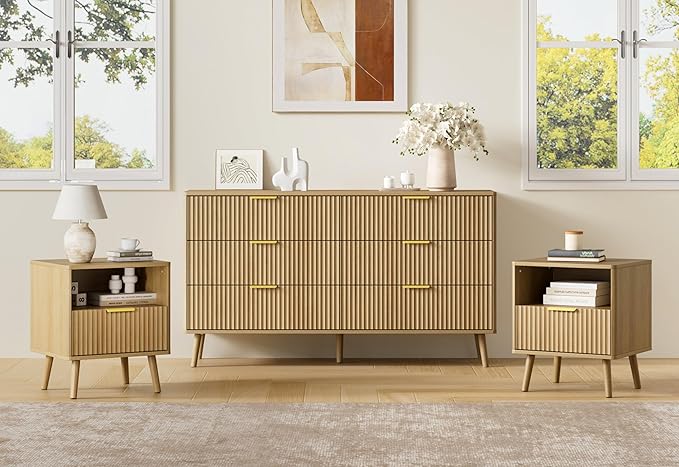 LYNSOM Fluted Dresser and Nightstand Sets 3 Piece, 6-Drawers Dresser and 1-Drawer Nightstands Set of 2, Wood Bedroom Furniture Set for Home, Bedroom, Hallway, Oak