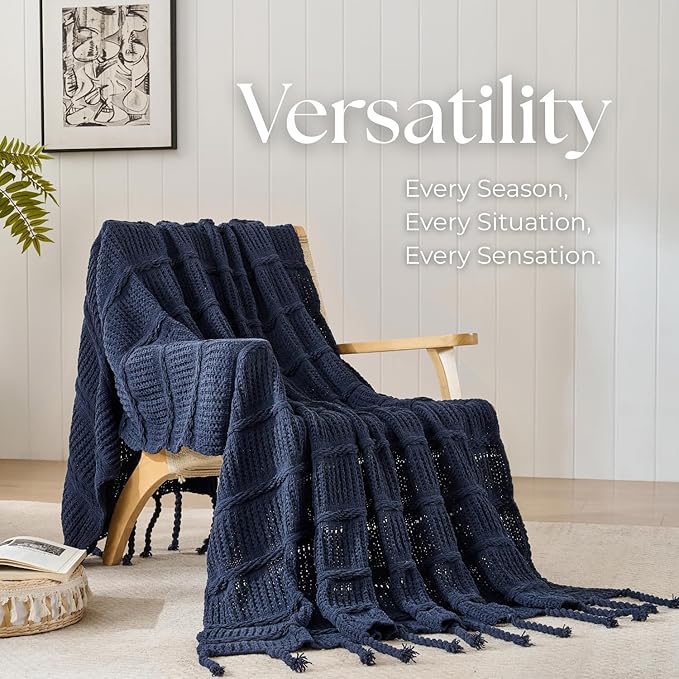Boho Knitted Chenille Blanket with Tassels - Lightweight & Soft All-Season Throw - 3D Classic Pattern for Living Room Bedroom Couch, Royal Blue, Queen 90"x90"