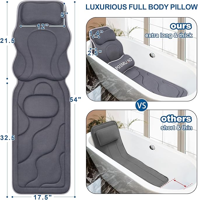 Full Body Bath Pillow for Tub - Extra Long & Thick Tub Pillow with Head, Back & Lumbar Support, 168 Non-Slip Suction Cups, Soft 5D Mesh Spa Cushion, Fits All Tubs-Gift for Soaking(Gray)