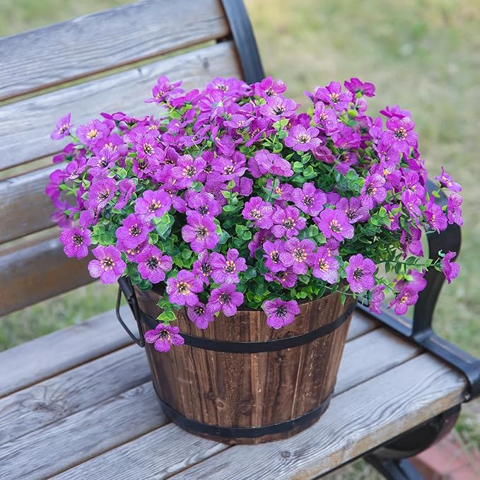 HyeFlora Artificial Flowers for Outdoor Indoor Garden Home Decoration, Faux Flower Daisy with Eucalyptus Leaves Fake Plants Greenery Boxwood Porch Patio, 12 Bundles (Purple)