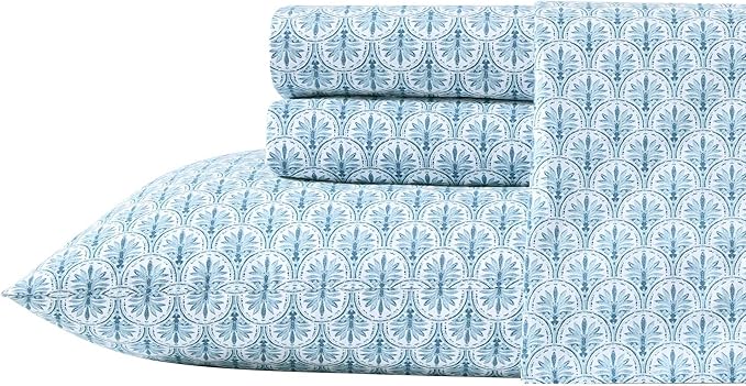 Tommy Bahama - Queen Sheet Set, Super Soft Cotton Percale Bedding with Matching Shams, Tropical Bedding Set, Oeko-Tex Certified (Coastal Batik Blue, Queen)