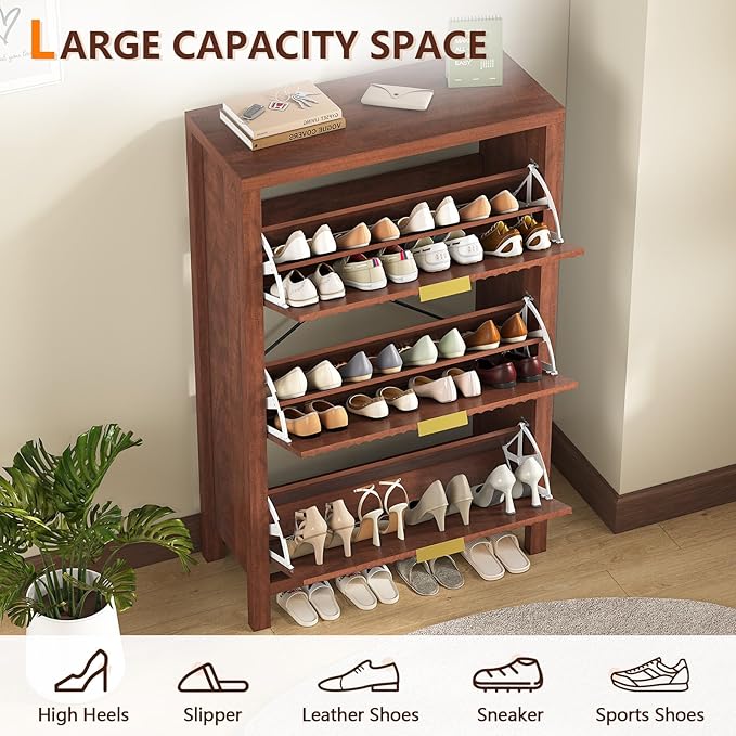 Shoe Cabinet Storage for Entryway, Fluted Shoe Cabinet with 3 Flip Drawers, Hidden Shoe Rack Tall Freestanding Shoe Organizer with Legs for Hallway, Walnut