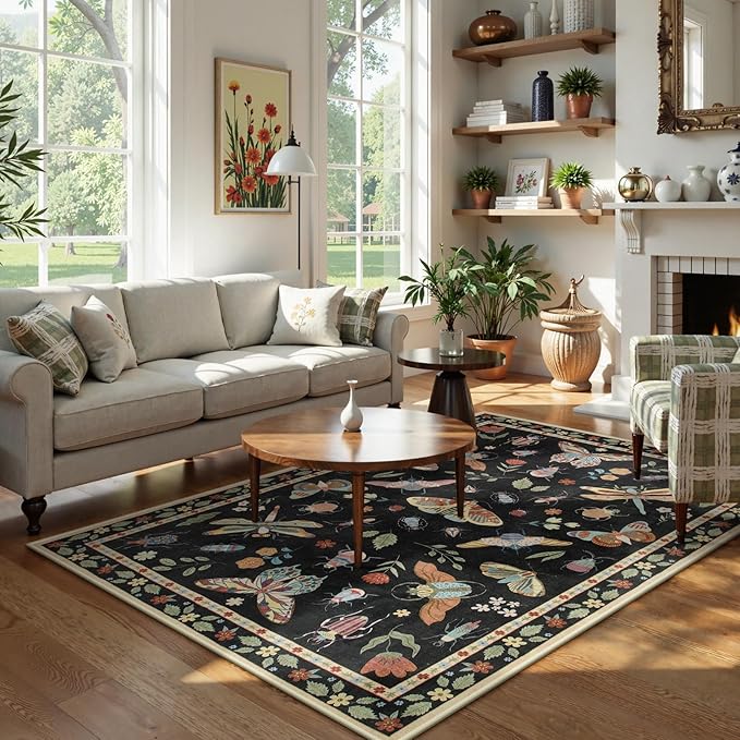 Lahome Insect Washable Small Area Rug, 3x5 Area Rug for Bedroom Living Room, Non-Slip Soft Accent Throw Carpet for Kitchen Office Entryway Bathroom Office, Black