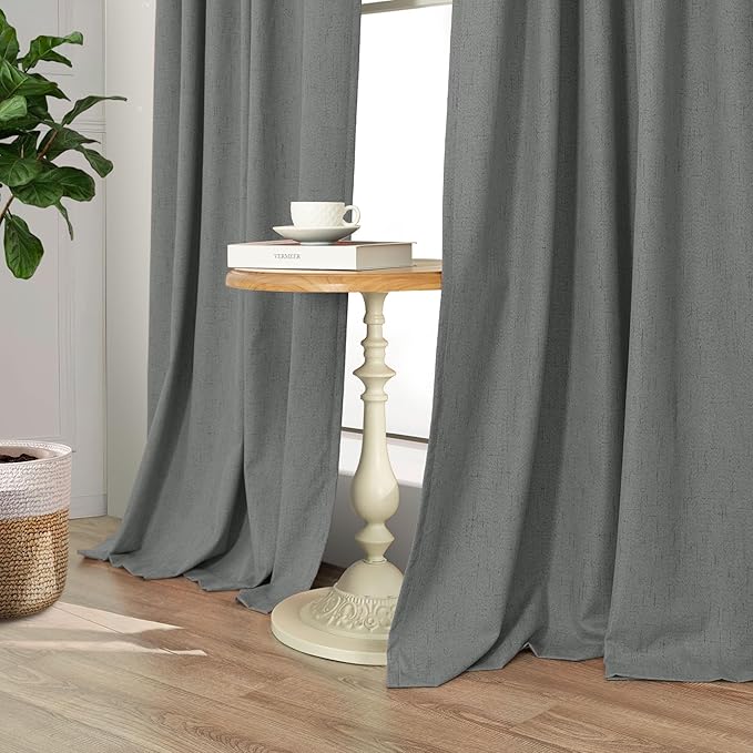 Linen Textured Black Out Blinds for Window 45 Inch Length 2 Panel Modern Farmhouse Kitchen Curtain Small Blackout Short Half Curtain for Nursery Bedroom Winter Thermal Blocking Charcoal Dark Grey Gray