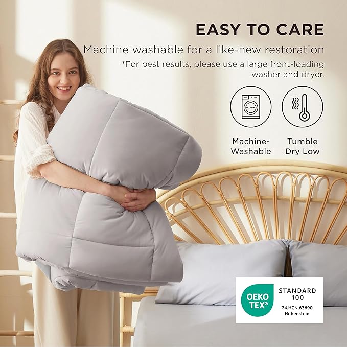 Bedsure Comforter Duvet Insert - Quilted Comforters Queen Size, All Season Duvet, GentleSoft Down Alternative Bedding, with 8 Tabs, Gifts for Women/Men, Light Grey, Queen 88 x 88 Inches